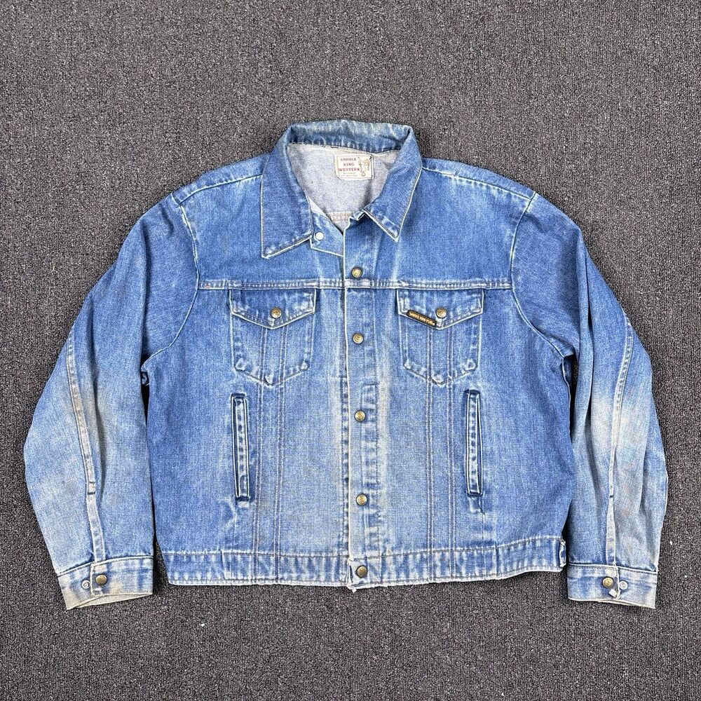 Saddle King Western Jean Jacket Denim Button Medium Wash Mens Size XL